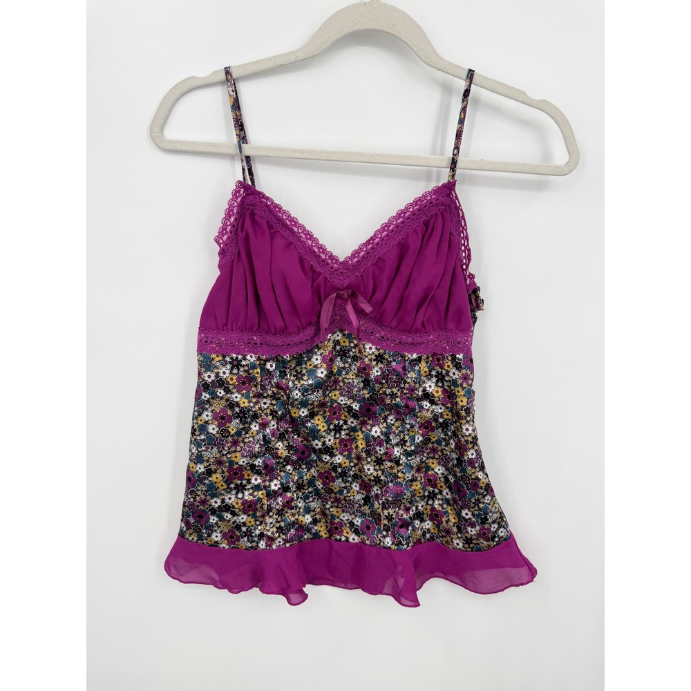 Candie's Floral Lace Trim Camisole Top Women Size M Purple Ruffle Y2K Style
